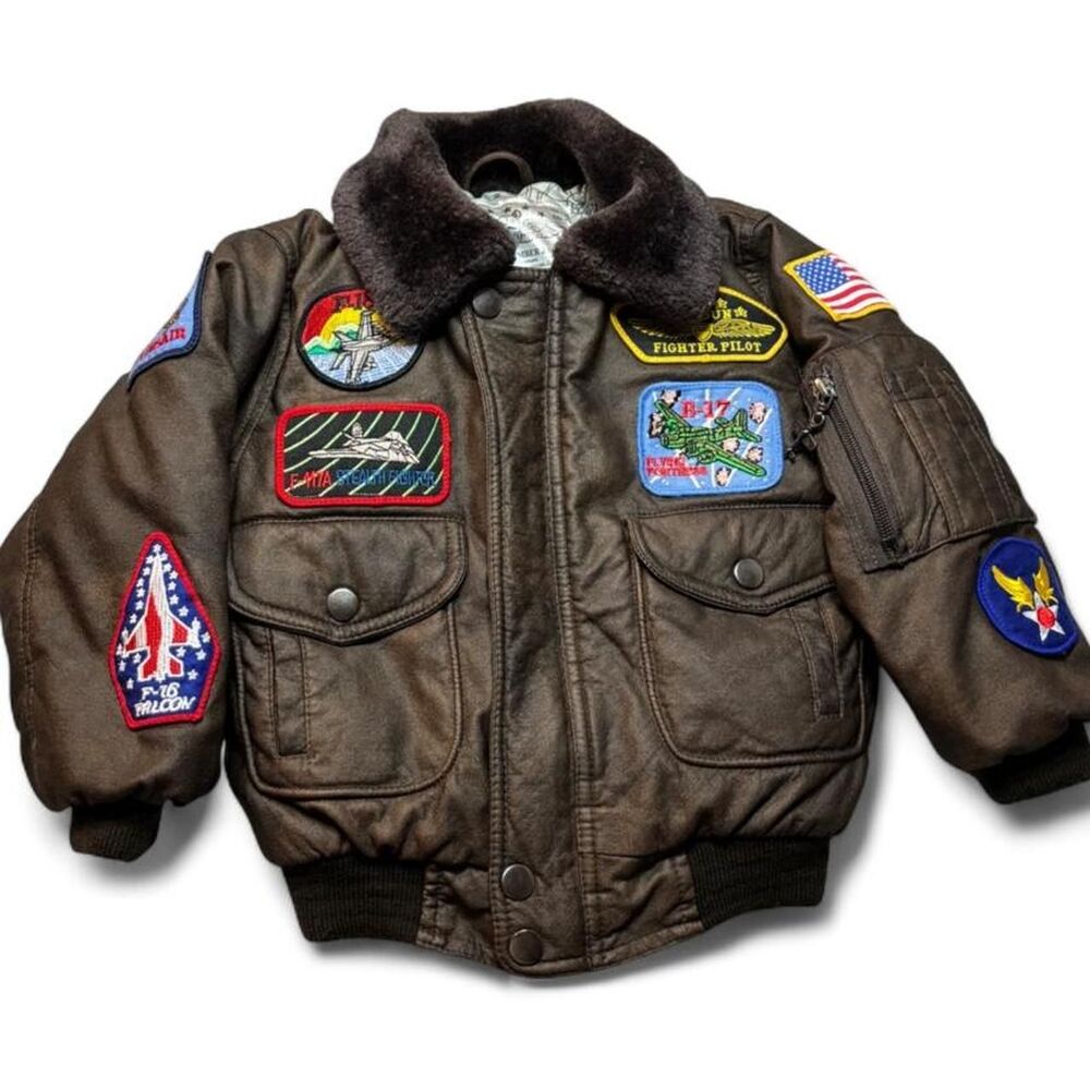 Kids WWII Style Bomber Jacket Brown Faux Leather Aviation Fighter Pilot Patches